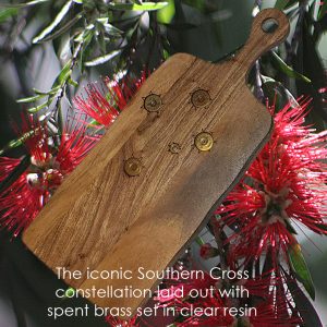 Southern Cross etched on Acacia timber serving board with 12g shell bases